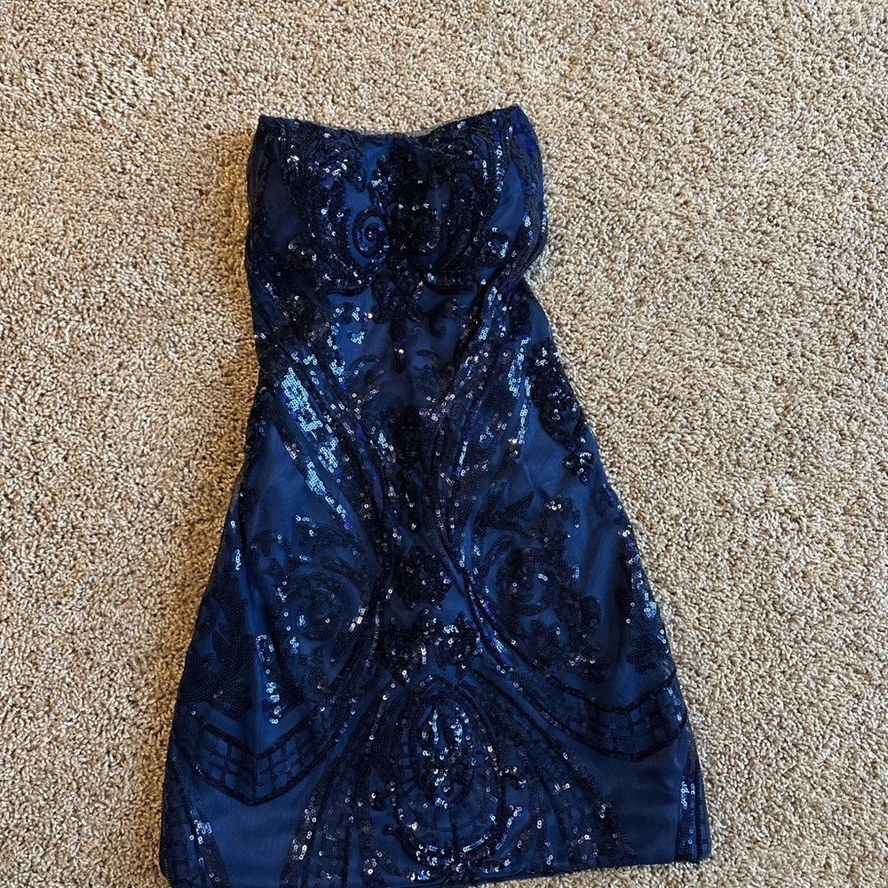 Zapaka Navy Blue Sequin‎ Mini Dress Strapless Lace Up Back Bodycon Homecoming 2